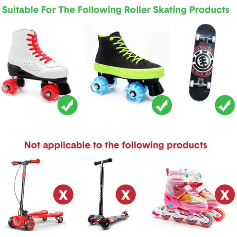 Suitable for use on quad roller skates and skateboards; not compatible with scooters or inline skates.