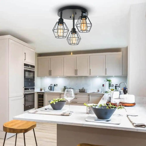 Industrial Dope Pull Chain Ceiling Light Fixture With Black Metal Cage Semi Flush Mount Three Light Edison E26 Steampunk Vibe For Entryway And Kitchen UL Listed Hard Wired Adjustable Chain Length Up To Thirty Nine Point Four Inches installed in modern kitchen