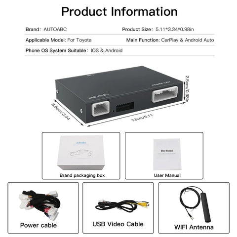 Toyota Wireless CarPlay And Android Auto Adapter Upgrades Your Ride With Entune Two Point Zero Touch Two Retrofit Kit For 2014 To 2019 Models Works With Tundra Highlander RAV4 Tacoma Camry Corolla Avalon Prius CHR Sienna And More product contents including adapter, cables, and manual