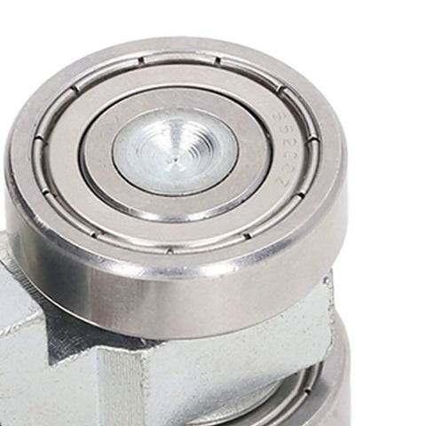 Heavy Duty Four Wheel Steel Pulley Assembly Featuring Deep Groove Ball Bearings For Smooth Rock Solid V Belt Drive and strut channel gear close-up view of bearing.
