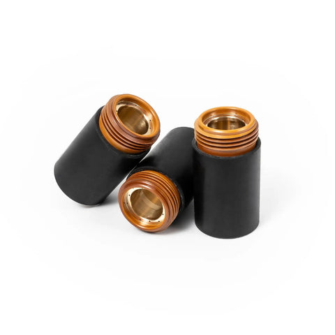 Three black and copper plasma cutter retaining caps, 220854 direct fit, for Powermax 45XP 65 85 105 HRT MRT torches.