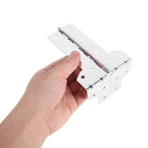 Heavy Duty Beefed-Up L Shaped Metal Flight Case Corner Hinges Dual Function Edge Reinforcement and Foldable Lid Support shown in hand