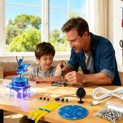 Father and son assembling Soldering Practice Kit With DIY Rotating Music Box, Acrylic Case, RGB LED Light Show on desk