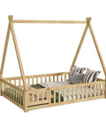 Tent Shaped Floor Bed With Guardrails And Slats For Privacy And Safe Sleep, Durable Rubber Wood And Plywood Frame With 7 Slats, Cozy Natural Finish