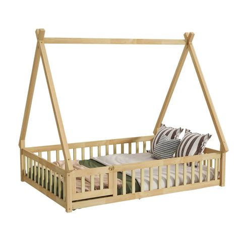 Tent Shaped Floor Bed With Guardrails And Slats For Privacy And Safe Sleep, Durable Rubber Wood And Plywood Frame With 7 Slats, Cozy Natural Finish