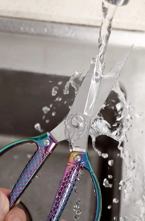 Heavy Duty Rose Gold Kitchen Shears Industrial Grade Stainless Steel Scissors under running water