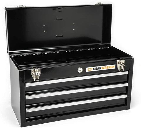 Three Drawer Steel Toolbox With Keyed Center Lock Black Powder Coat That Resists Rust 20 Inch Tool Box With Ball Bearing Slides