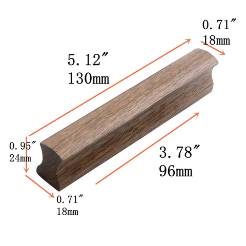 12 Pack Walnut Wood Drawer Pulls, 5.12 Inch Long, Two Hole Cabinet Hardware With Screws, Hole Spacing 3.78 Inch 96 mm, dimensions diagram