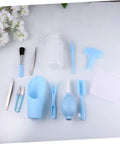 12 Piece Mini Succulent Gardening Tool Set Portable Plastic Tools For Indoor Bonsai Plant Care And Flower Pot Maintenance Light Blue For Home And Store Use Great For DIYers And Weekend Garden Warriors, sky-blue plastic tools laid out