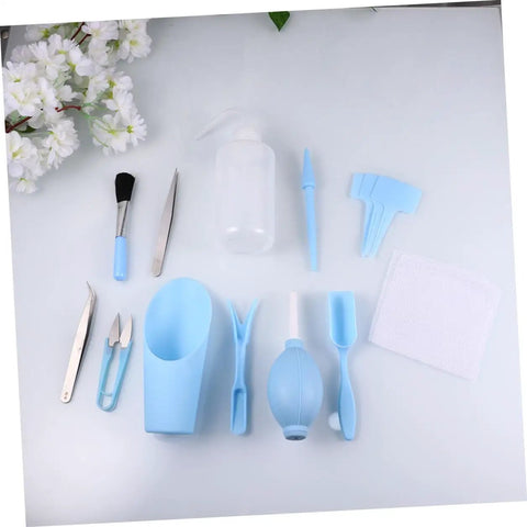 12 Piece Mini Succulent Gardening Tool Set Portable Plastic Tools For Indoor Bonsai Plant Care And Flower Pot Maintenance Light Blue For Home And Store Use Great For DIYers And Weekend Garden Warriors, sky-blue plastic tools laid out