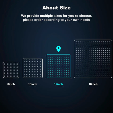 Size comparison chart for 8-inch to 16-inch waterfall showerheads highlighting 12 Inch Rain Shower Head Large Square Waterfall Showerhead