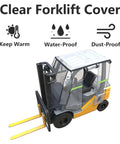 Installed clear forklift cabin cover on a yellow forklift; transparent PVC, weather-, water-, and dust-proof.