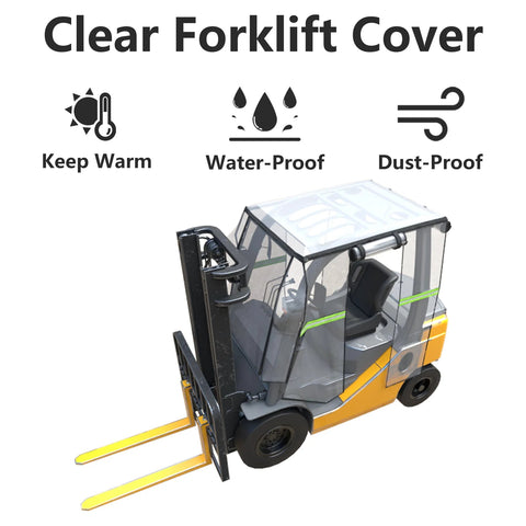 Installed clear forklift cabin cover on a yellow forklift; transparent PVC, weather-, water-, and dust-proof.