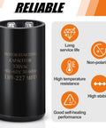 189-227 uF 330V AC round start capacitor, motor starting, high stability, black casing, product features shown