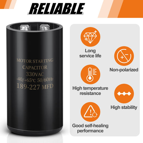 189-227 uF 330V AC round start capacitor, motor starting, high stability, black casing, product features shown