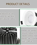 Close-up of ELUKHT 13-Pack White Retrofit LED Recessed Lighting details, showcasing white aluminum face ring and heat dissipation features.