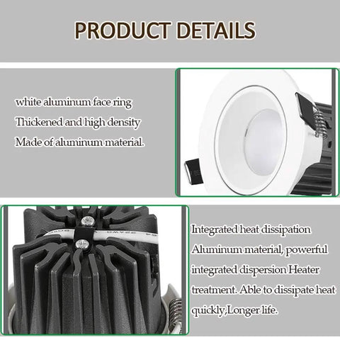 Close-up of ELUKHT 13-Pack White Retrofit LED Recessed Lighting details, showcasing white aluminum face ring and heat dissipation features.