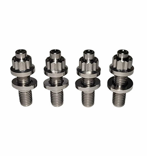 Titanium Turbo To Manifold Stud Kit For M10x1.5 Thread, 4 Piece, Beefy Yet Lightweight Titanium Hardware For Turbocharger And Exhaust Systems, 45mm Length, Raw Silver Finish, front view display.