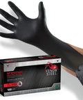 Kick Ass Heavy Duty Nitrile Work Gloves Chemical Resistant Disposable Black Rubber With Textured Grip Six Mil Thick Dual Layer Latex Powder Free Trade Ready Protective Shield For Pros Pack Of 100 Large shown on hand