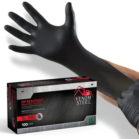 Kick Ass Heavy Duty Nitrile Work Gloves Chemical Resistant Disposable Black Rubber With Textured Grip Six Mil Thick Dual Layer Latex Powder Free Trade Ready Protective Shield For Pros Pack Of 100 Large shown on hand