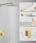 Brushed Gold 8 Inch Square Rainfall Shower Head Set With 14 Inch Extra Long Shower Arm All Metal High Pressure Shower Faucet Kit Including Rough In Valve And Trim For Modern Bathroom displayed with water flow, valve, and easy clean feature.