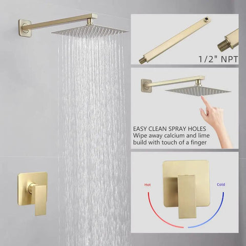 Brushed Gold 8 Inch Square Rainfall Shower Head Set With 14 Inch Extra Long Shower Arm All Metal High Pressure Shower Faucet Kit Including Rough In Valve And Trim For Modern Bathroom displayed with water flow, valve, and easy clean feature.