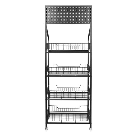 Four Tier Metal Wire Display Rack And Snack Candy Organizer With Ten Hooks Smooth Rolling Wheels And Rock Solid Design For Top Shelf Retail Setup And Hassle Free Sorting In Black
