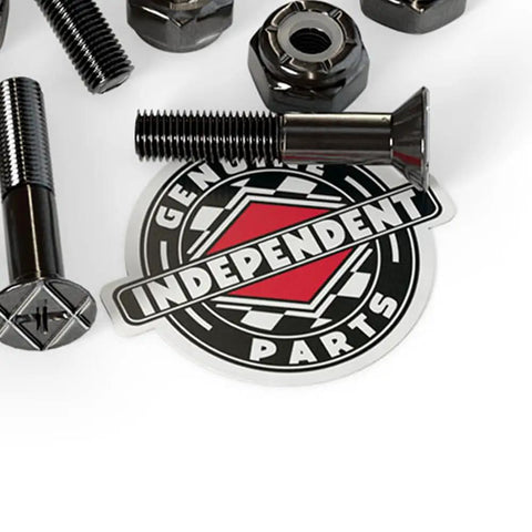 Seven Eighths Inch Silver Phillips Head Skateboard Truck Hardware Set with Cross Bolts Black and Gold Finish Detail