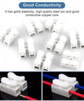 2 Pin Wire Connectors Set With 100 Pcs Spring Terminal Cable Clamps shown with white plastic shell and copper core for LED strip wiring.