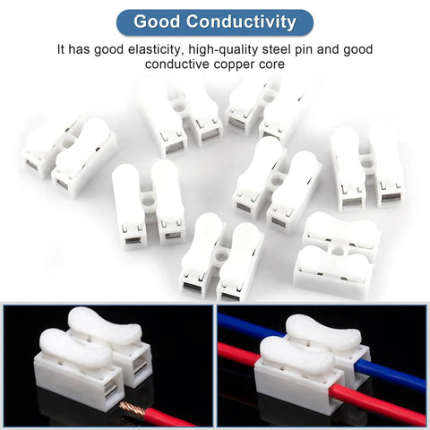 2 Pin Wire Connectors Set With 100 Pcs Spring Terminal Cable Clamps shown with white plastic shell and copper core for LED strip wiring.