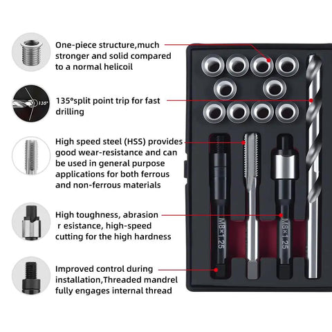Pro Grade M8x1.25 Thread Repair Kit With Stainless Steel Inserts 11.7mm And 16.2mm Includes HSS Drill Tap Counterbore