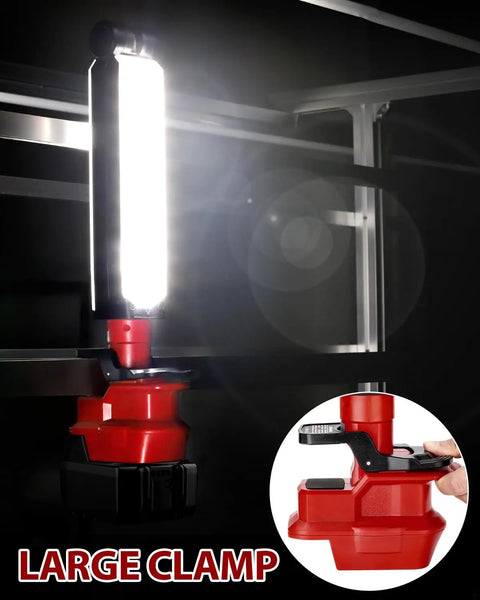 Milwaukee 18V Compatible LED Work Light 30W 2400LM with large clamp mounted on metal frame, showing detail of clamp mechanism