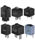 Plug And Play 9038 Relay Bypass Switch Kit Replace 9036 9037 For Domestic GM BMW Audi Chrysler And More Fuel Pumps Window Motors Headlight Switches 6 Pack Black showing various relay sizes and labels.