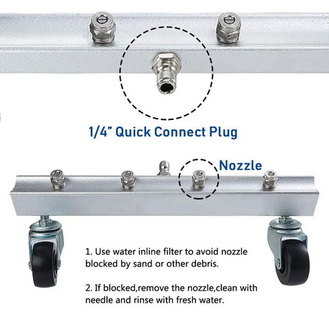 Beefy 13 Inch Undercarriage Cleaner For Pressure Washers with Quick Connect Plug and Nozzles, featuring 4 Nozzles and 2 Casters