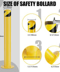 Built Dang Tough 36 Inch Steel Safety Bollard Posts 4.5 Inch Diameter yellow coated with measurements and details for installation.