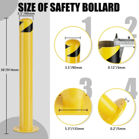 Built Dang Tough 36 Inch Steel Safety Bollard Posts 4.5 Inch Diameter yellow coated with measurements and details for installation.