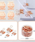 Rose Gold Binder Clips Set In Assorted Sizes Mini Small Medium Large 100 Pcs In Clear Box with detailed size illustrations