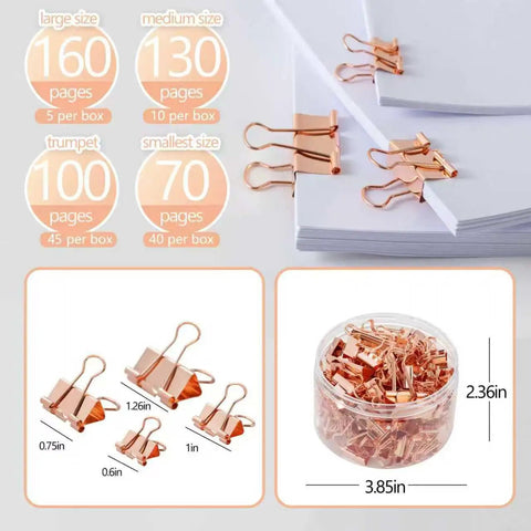 Rose Gold Binder Clips Set In Assorted Sizes Mini Small Medium Large 100 Pcs In Clear Box with detailed size illustrations