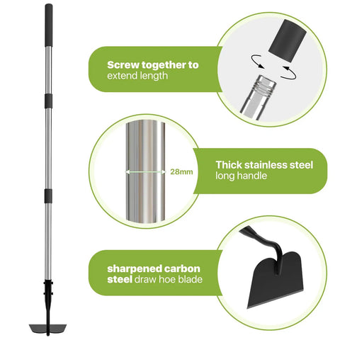 Beast Of A Heavy Duty Garden Hoe With Long Handle showing adjustable screw, stainless steel handle, and carbon steel blade details.