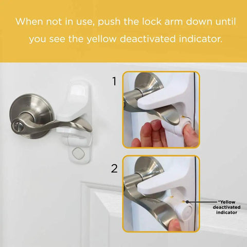 Outsmart Lever Handle Lock 2 Pack White Easy Install Kidproof Door Safety for Lever Handles, yellow indicator visible