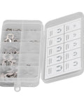 Heavy Duty Stainless Steel E Clamp Set 120 Piece Assortment Kit in storage box with labeled compartments