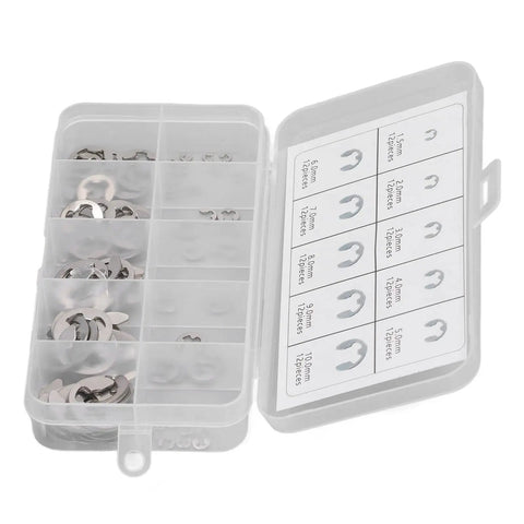 Heavy Duty Stainless Steel E Clamp Set 120 Piece Assortment Kit in storage box with labeled compartments
