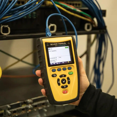 Testing network cables with Klein Scout Pro tester for Get Fast Easy Test And Map Up To Eight Network Locations In One Step with Scout Pro Series Test-N-Map Remote Kit.