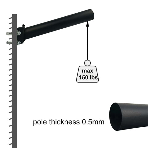 Sturdy Outdoor Pole Mounting Arm For Solar Lighting And Street Light Fixtures, black steel arm on wall showing 150 lbs capacity and 0.5mm thickness