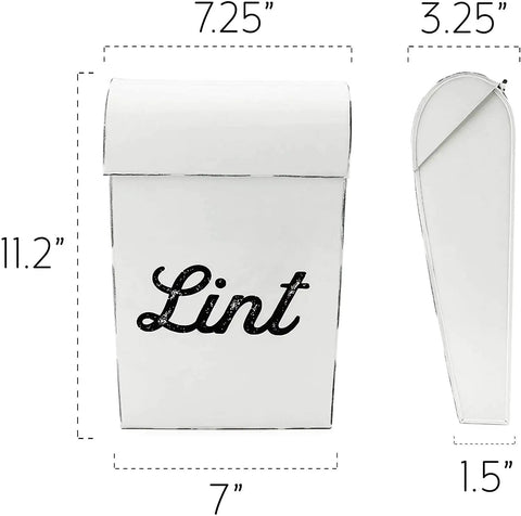 Vintage Shabby Chic Enamel Lint Bin With Magnetic Back For Dryer Or Washer Mount, shown with dimensions for size reference.