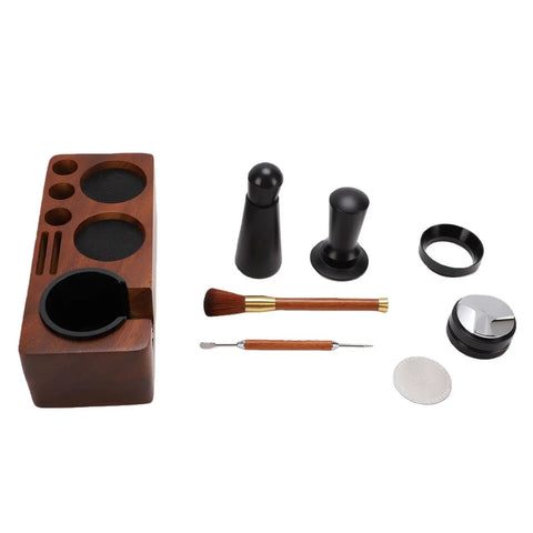 Portable Solid 58mm Stainless Steel Coffee Tamper Kit With Wooden Tamping Station Needle Tool And Quick Clean Brush displayed on countertop.