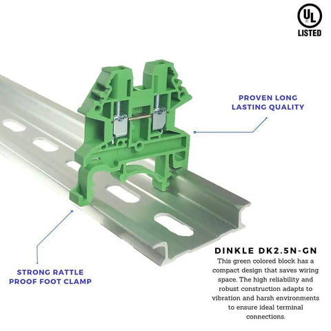 Green DK2.5N-GN DIN Rail Terminal Block Screw Type UL 600V 20A 12-22AWG Pack Of 100 for space saving wiring on metal rail