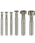 Front view of six HSS milling cutters with cylindrical shanks and star-shaped cutting heads for T-slot and end-mill work