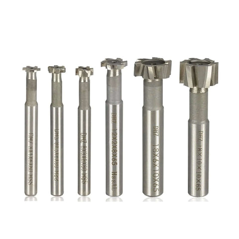 Front view of six HSS milling cutters with cylindrical shanks and star-shaped cutting heads for T-slot and end-mill work