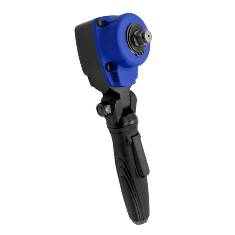 Nano Flex-Head Angle Impact Wrench One Half Inch Drive With 400 ft-lb Torque, blue head, black handle, angled view
